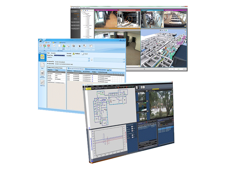 Access control analytics showcased on different monitor screens