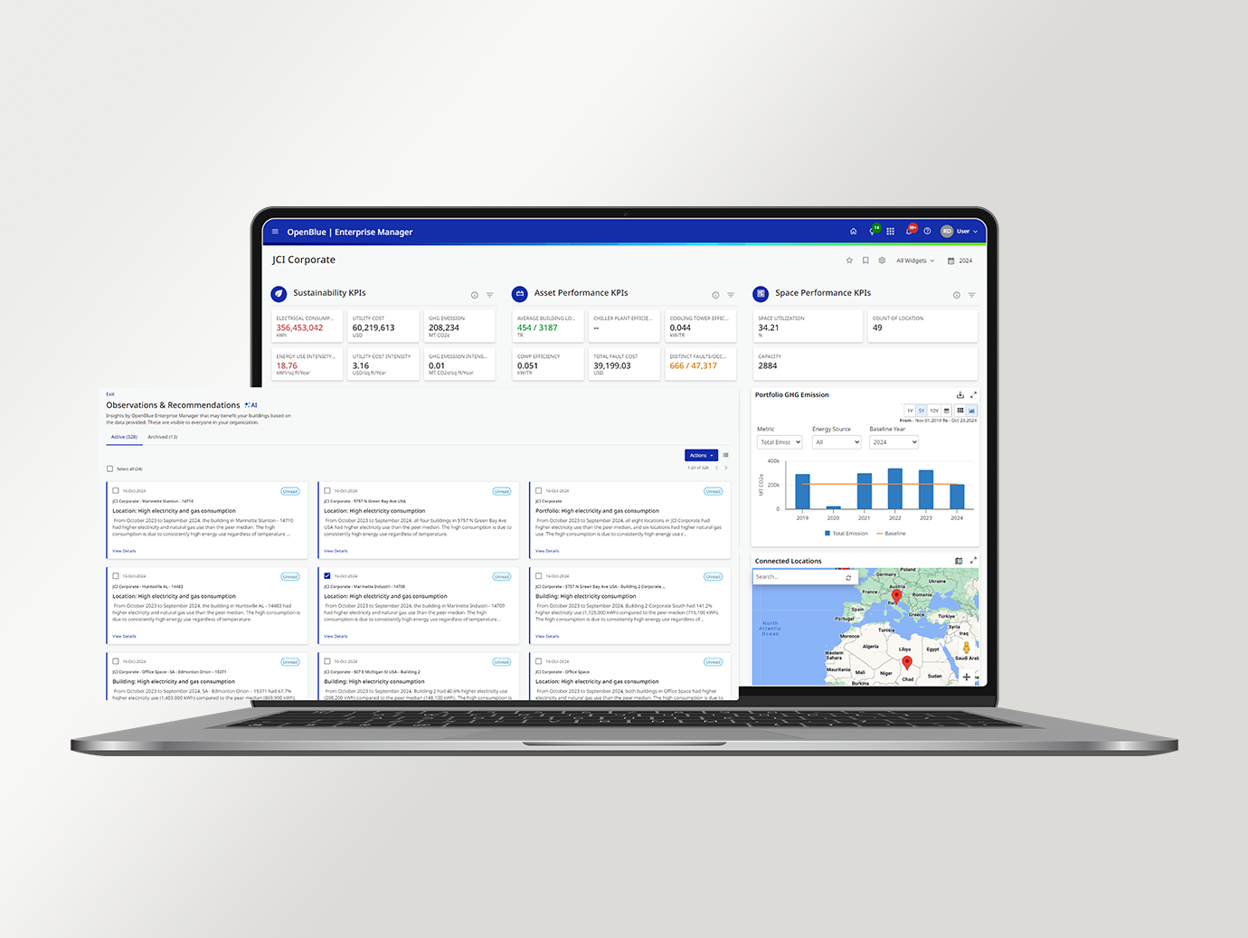 OpenBlue software features shown on the laptop screen